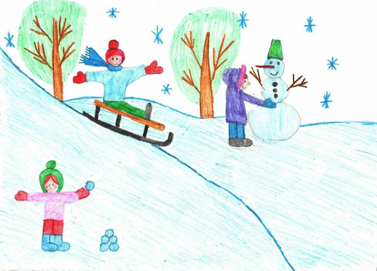 Дети гуляют зимой на участке рисование старшая группа #5