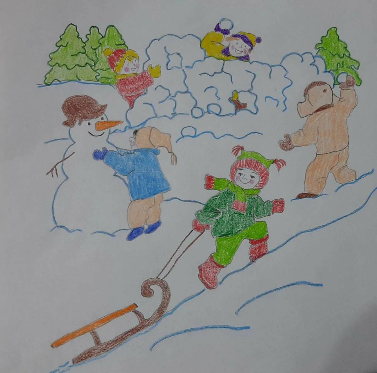 Дети гуляют зимой на участке рисование старшая группа #8