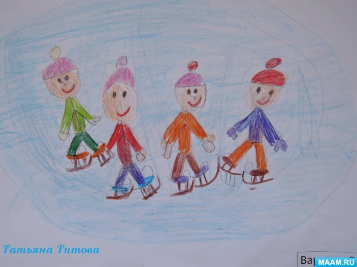 Дети гуляют зимой на участке рисование старшая группа #11