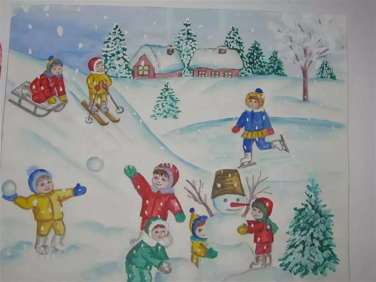 Дети гуляют зимой на участке рисование старшая группа #13