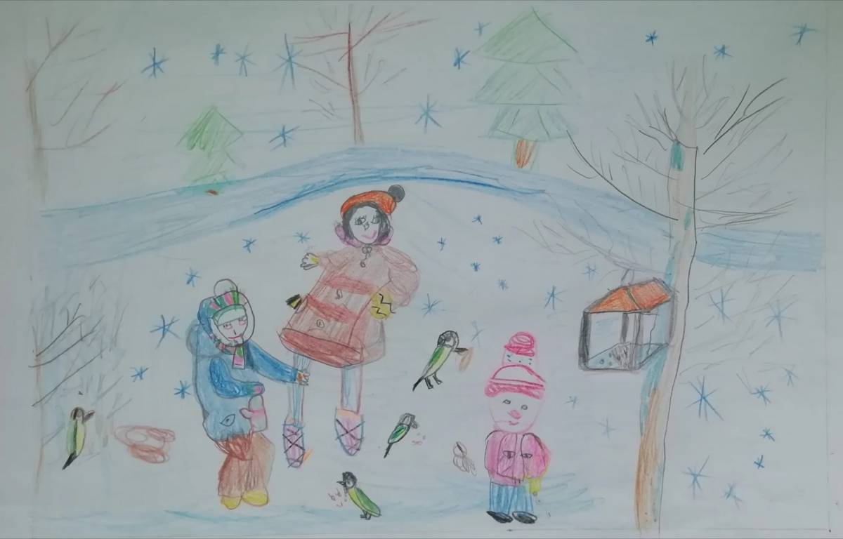 Дети гуляют зимой на участке рисование старшая группа #15