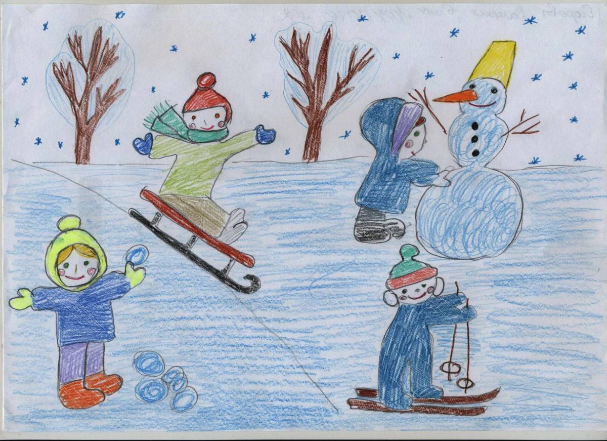 Дети гуляют зимой на участке рисование старшая группа #16