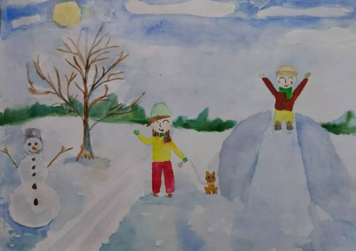 Дети гуляют зимой на участке рисование старшая группа #19