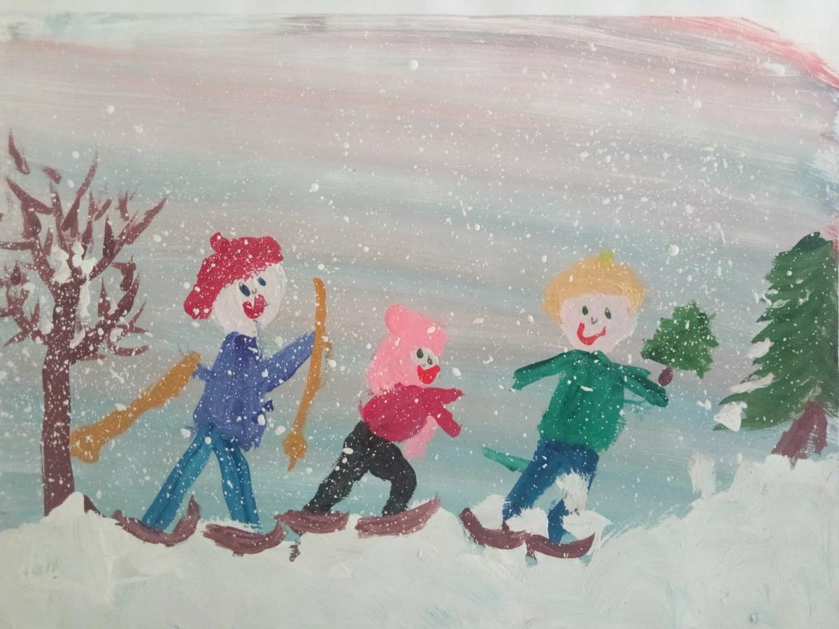 Дети гуляют зимой на участке рисование старшая группа #31