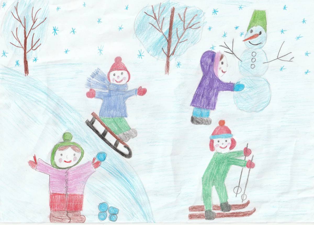 Дети гуляют зимой на участке рисование старшая группа #34