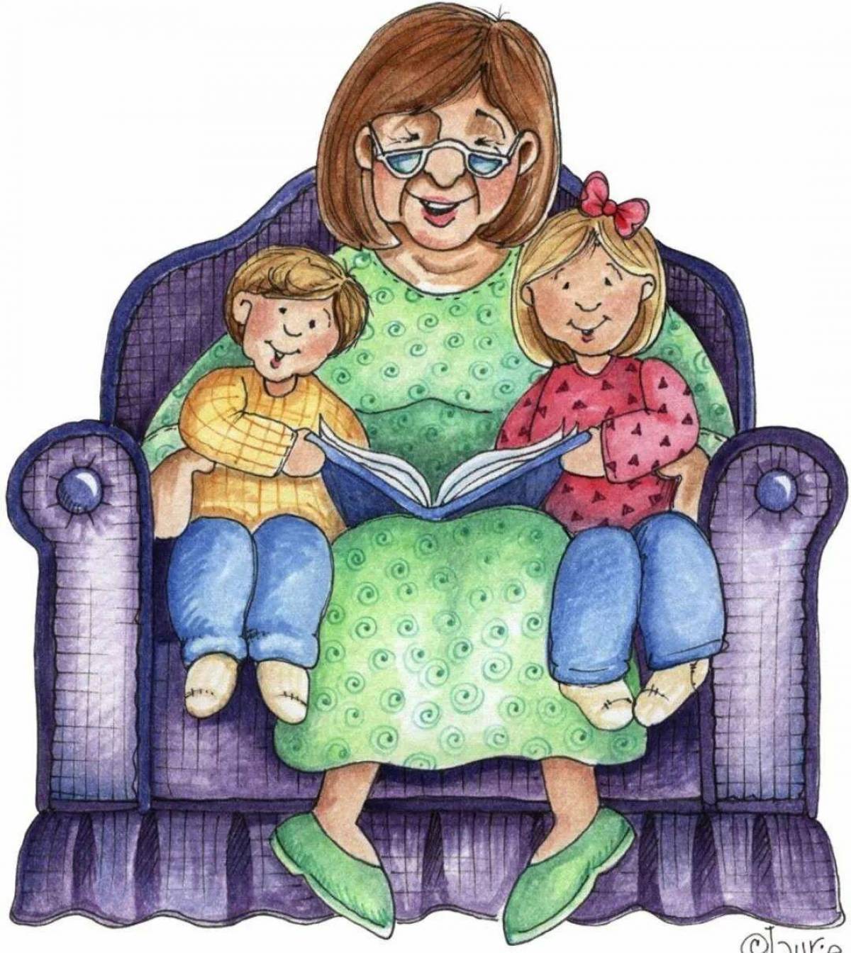 Тетя навестила. Бабушка рисунок. Бабушка и внуки иллюстрации. Бабушка и внук. Бабушка с внуками.