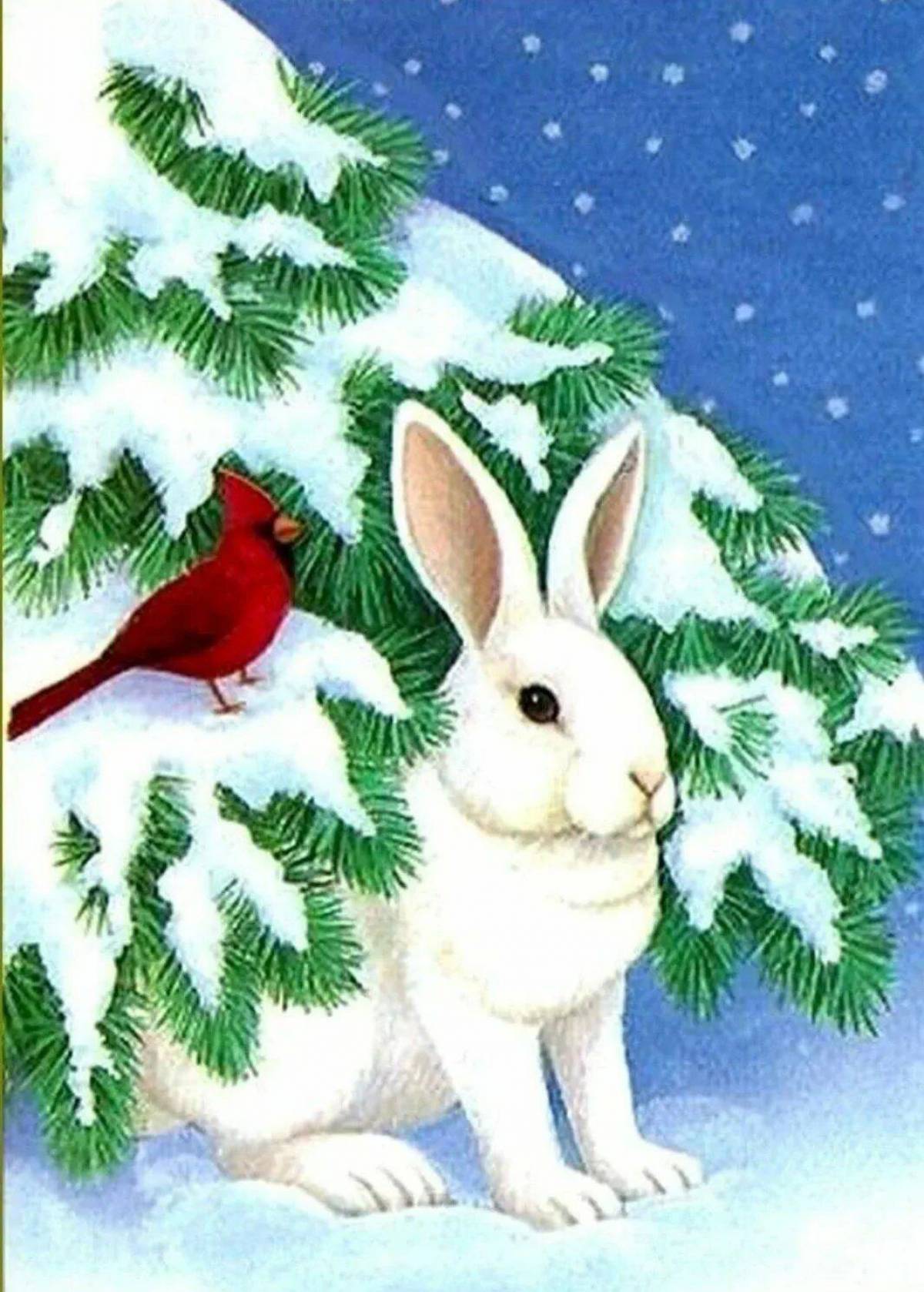 Новым годом зайчик. Заяц под елкой. Зайчик под елкой. Заяц зимой. Зайчик под елочкой.