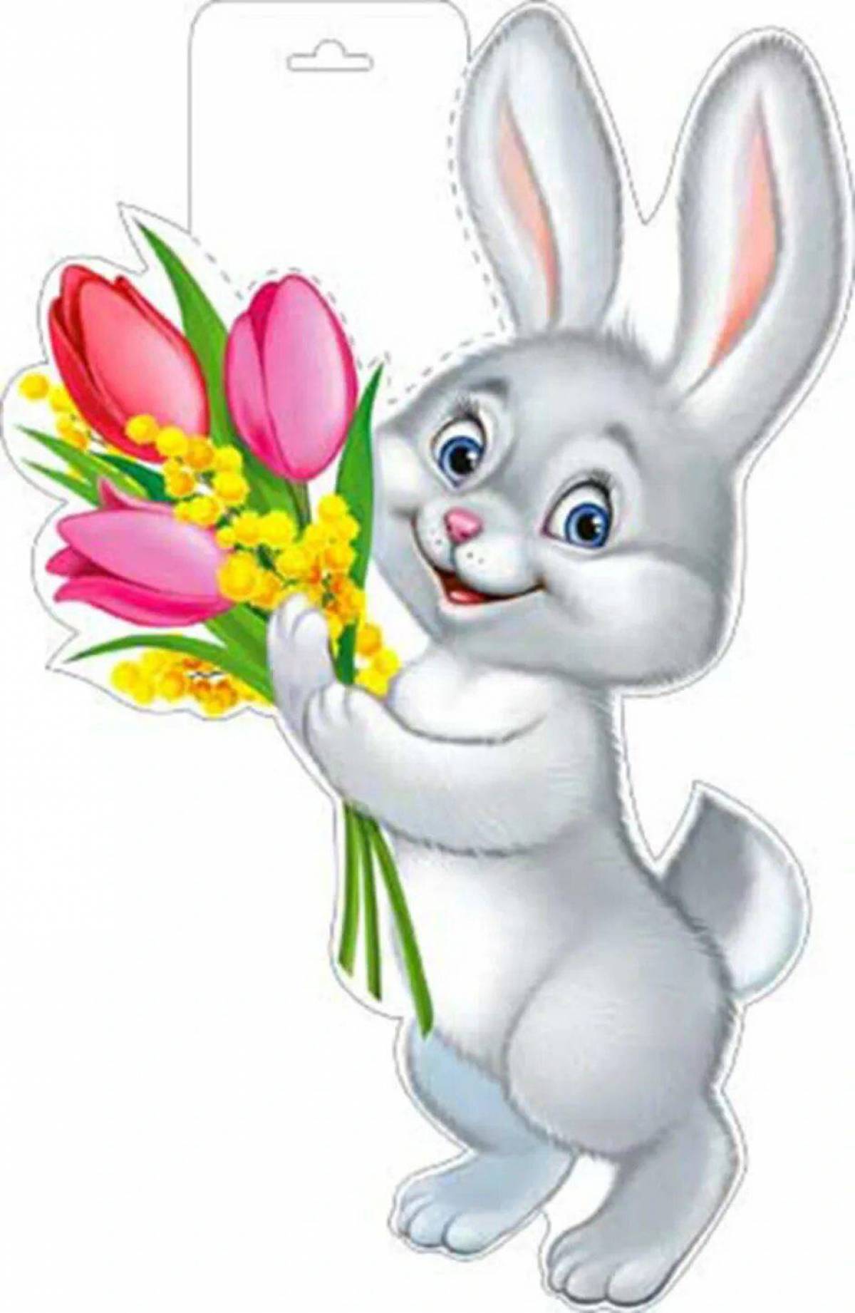 Зайчик поздравляет. Зайчик с цветком. Зайчик с цветочком. Зайчик с тюльпанами. Зверюшки с цветами.