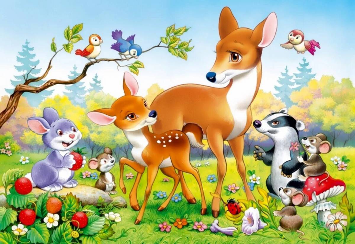Пазлы Олененок Бэмби. Лесные животные для детского сада. Для детей. Животные. Пазлы животных для детей.