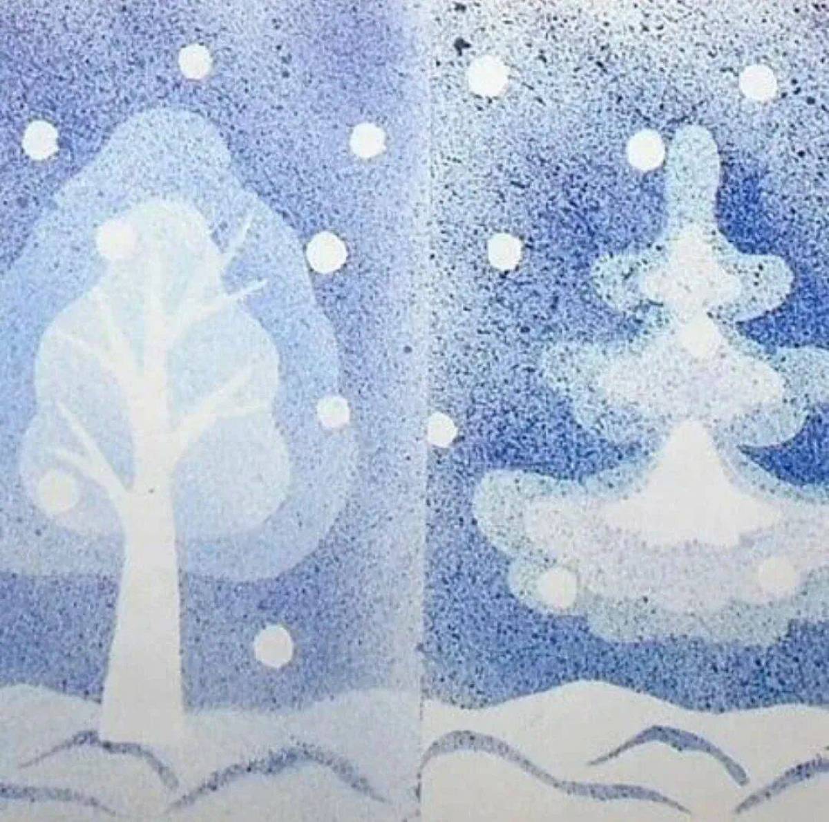 Тема зима 4 5 лет. Зимний лес набрызг. Набрызг техника рисования для детей зима. Нетрадиционное рисование зима набрызг. Техника набрызг зимний лес.