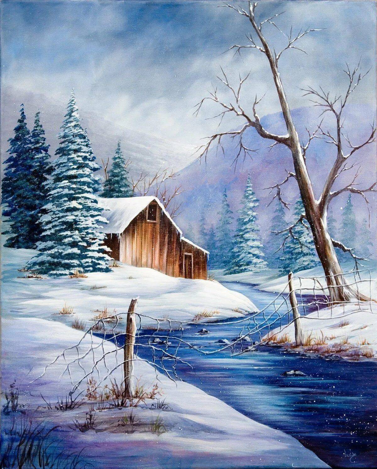 зимние пейзажи картинки нарисованные