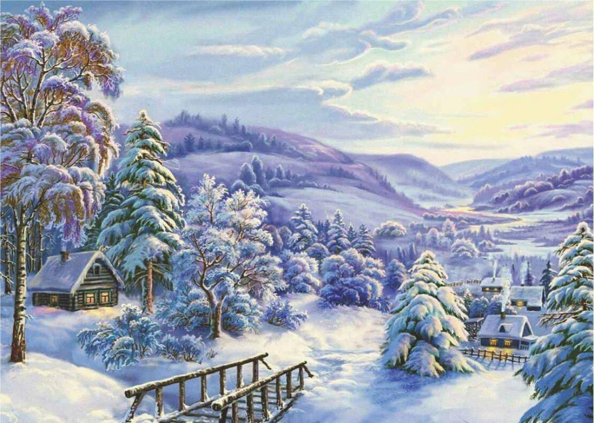 Зимний пейзаж рисунок для детей #4