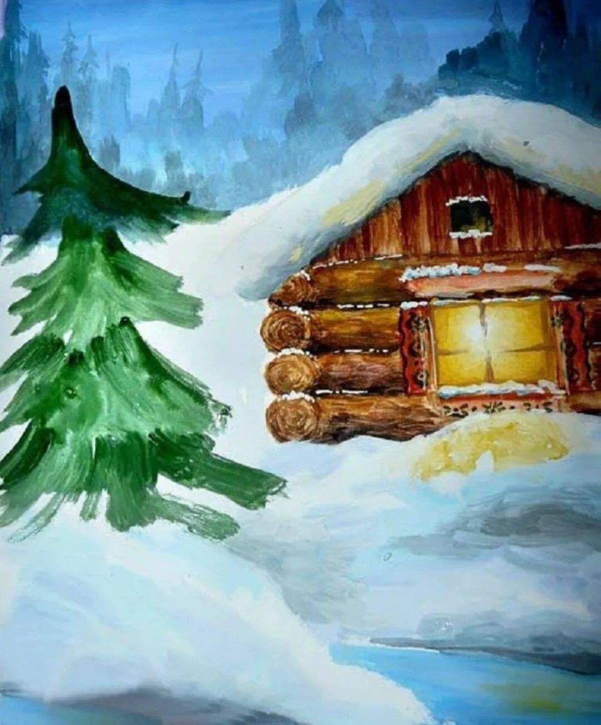 Зимний пейзаж рисунок для детей #10