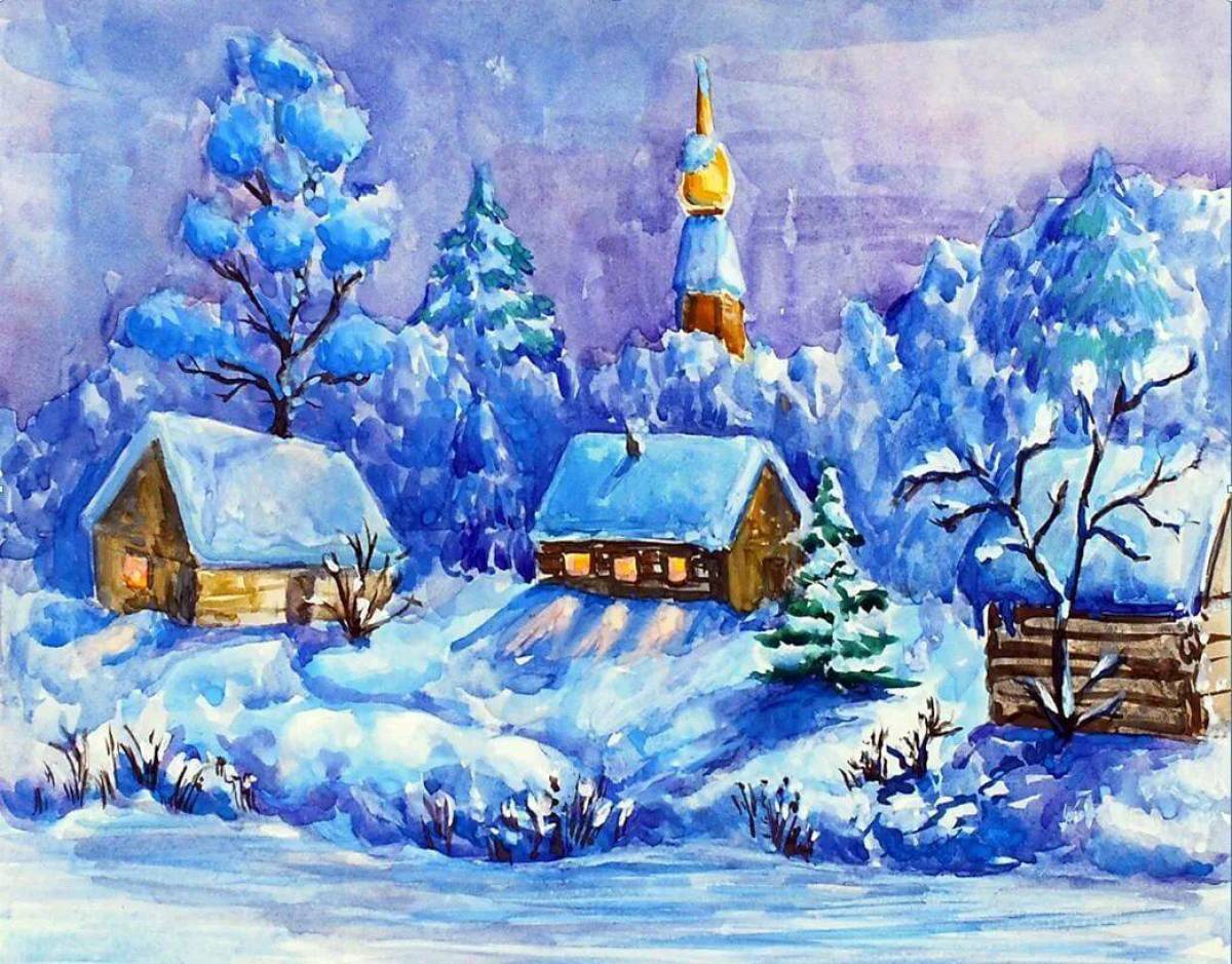 Зимний пейзаж рисунок для детей #12