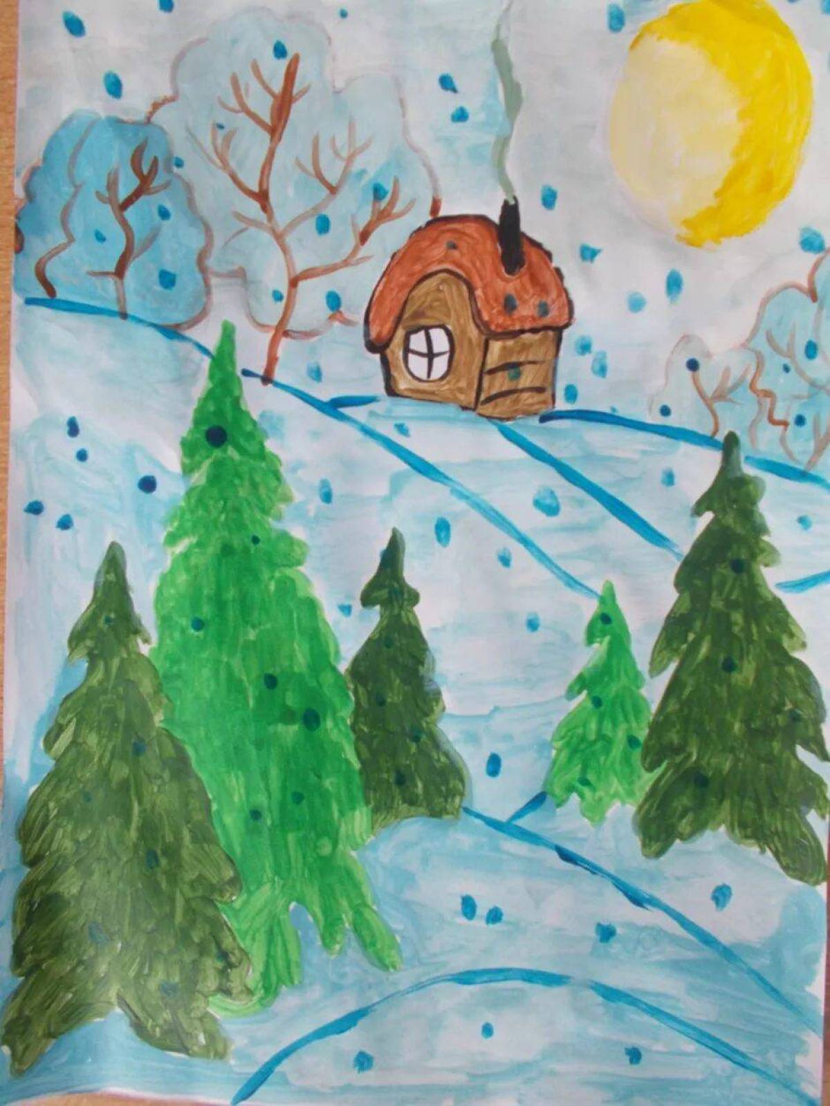 Зимний пейзаж рисунок для детей #14