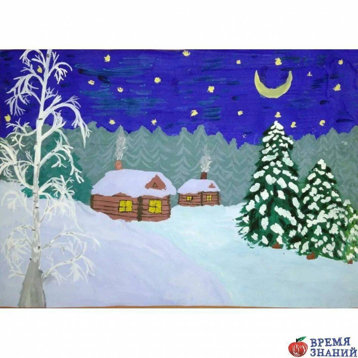 Зимний пейзаж рисунок для детей #19