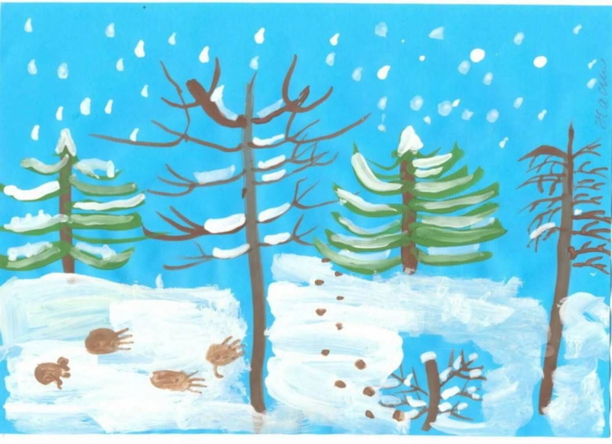 Зимний пейзаж рисунок для детей #25