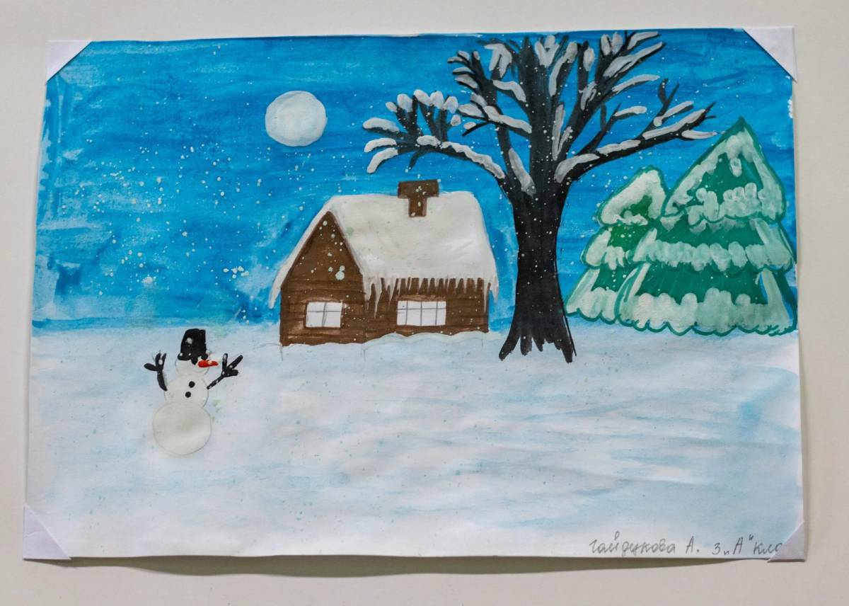 Зимний пейзаж рисунок для детей #26