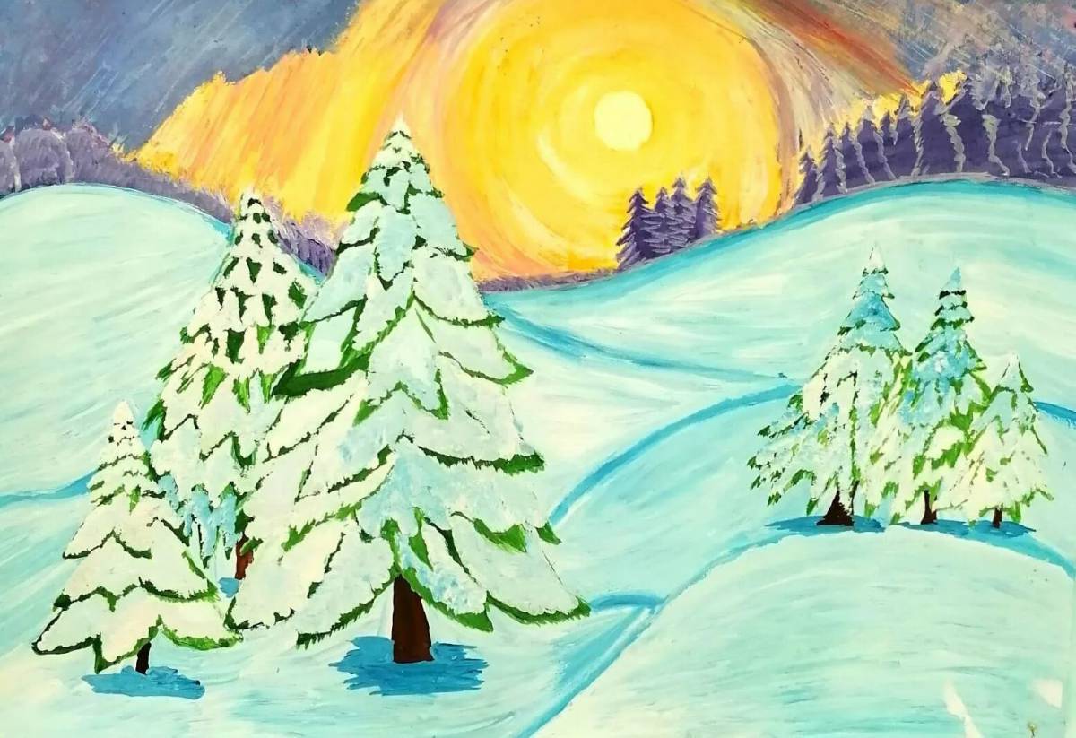 Зимний пейзаж рисунок для детей #30