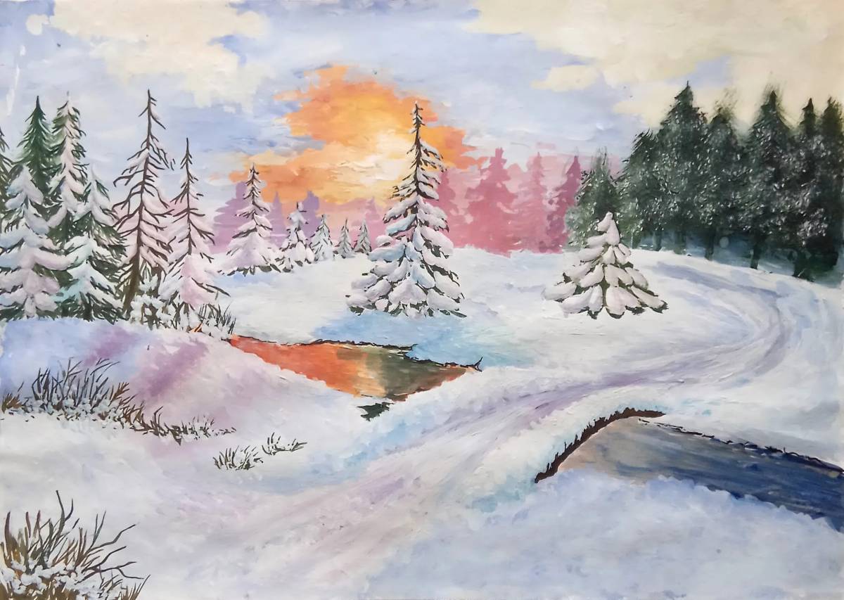 Зимний пейзаж рисунок для детей #32