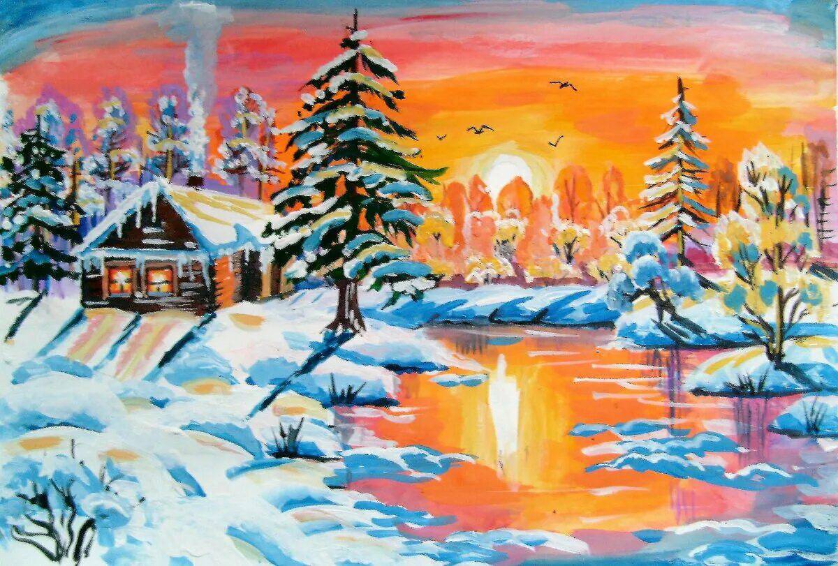 Зимний пейзаж рисунок для детей #34