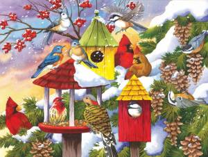 Раскраска кормушка с птицами зимой для детей #7 #347516