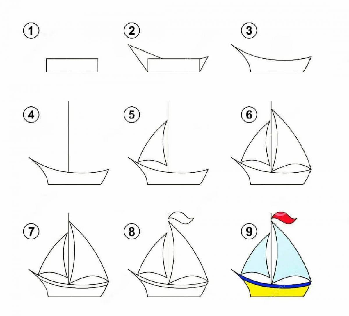 Схема простых рисунков. Поэтапное рисование кораблика. Аппликация парусник. Поэтапное рисование парусника для детей. Поэтапное рисование кораблика для детей.