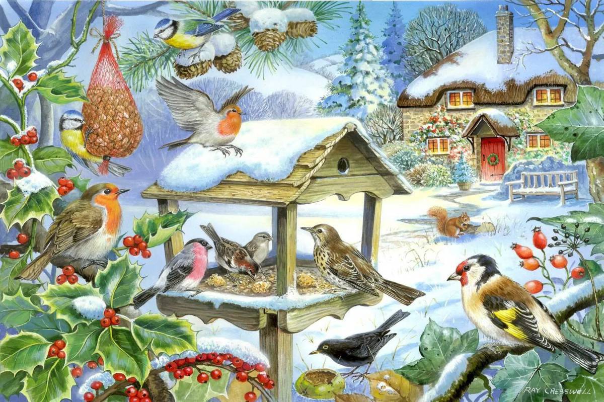 Кормушка с птицами зимой для детей #12