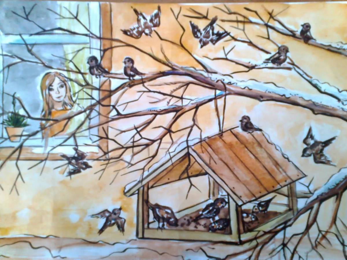 Кормушка с птицами зимой для детей #14