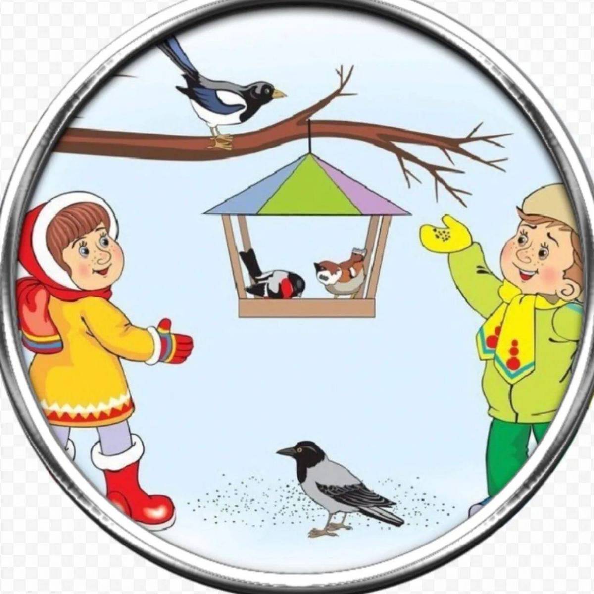 Кормушка с птицами зимой для детей #19