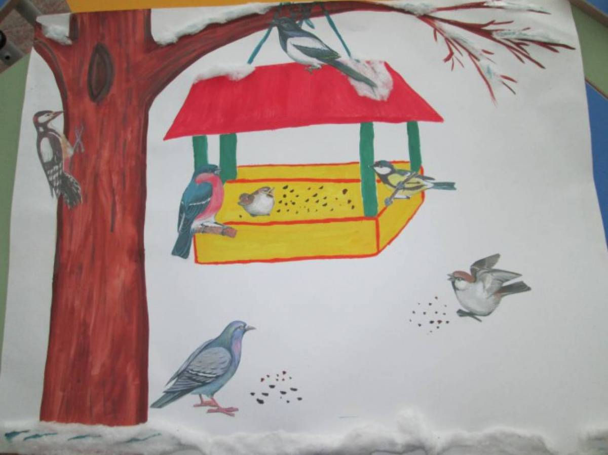 Кормушка с птицами зимой для детей #22