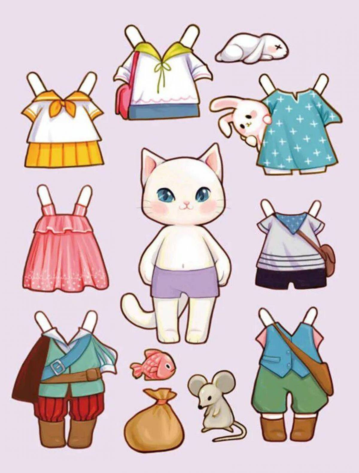 Раскраска милых котиков с одеждой. Бумажные куклы. Бумажные куколки с одеждой. Бумажные куклы с одеждой. Бумажные куклы с одеждой для вырезания.