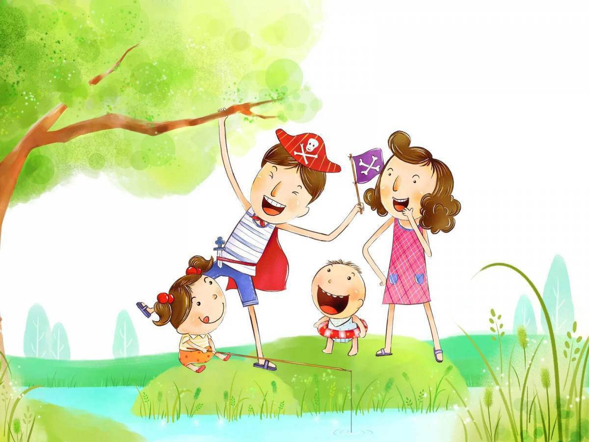 Мама папа поиграем. Семья рисунок. Летний рисунок для детей. Счастливая семья иллюстрации. Мультяшные дети на природе.