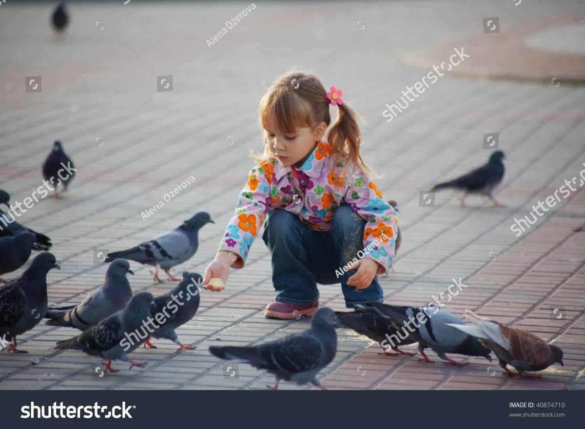 Мальчик кормит голубей #1
