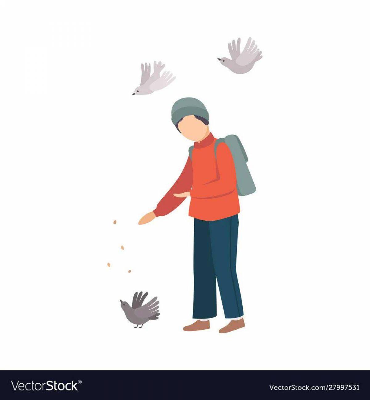 Мальчик кормит голубей #12