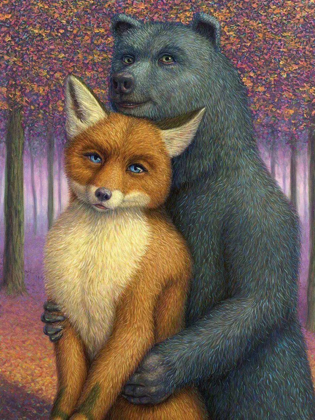Какие отношения складываются между медведем и лисицей. Медведь и лиса. Медвежонок и Лисенок. Лиса обнимает медведя. Лисичка и Медвежонок.