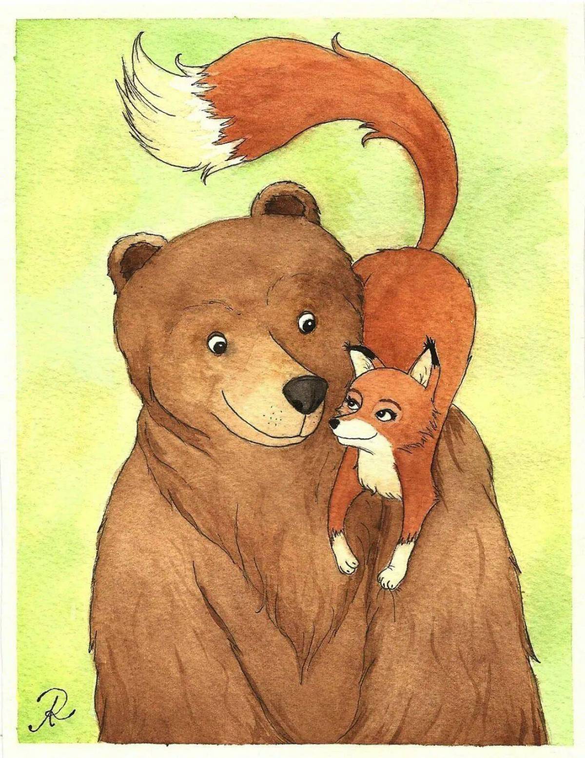 The fox and the bear. Медведь и лиса. Медвежонок обнимает лисичку. Лиса обнимает медведя. Лис и медведь.