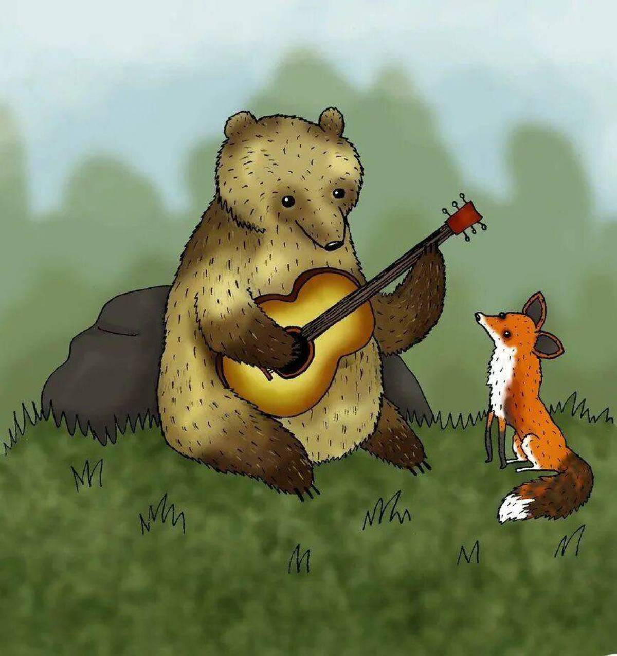 Я пою медведь. Медведь и лиса. Медвежонок с гитарой. Лисенок и Медвежонок рисунок. Лисичка и медведь.